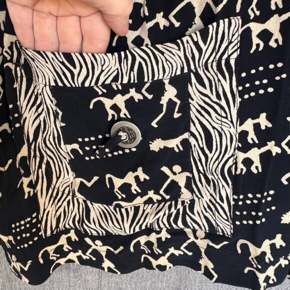 90s Vintage Chico's Black Cream Cave Art Zebra Print Silver Button Front Tunic - Picture 4 of 11